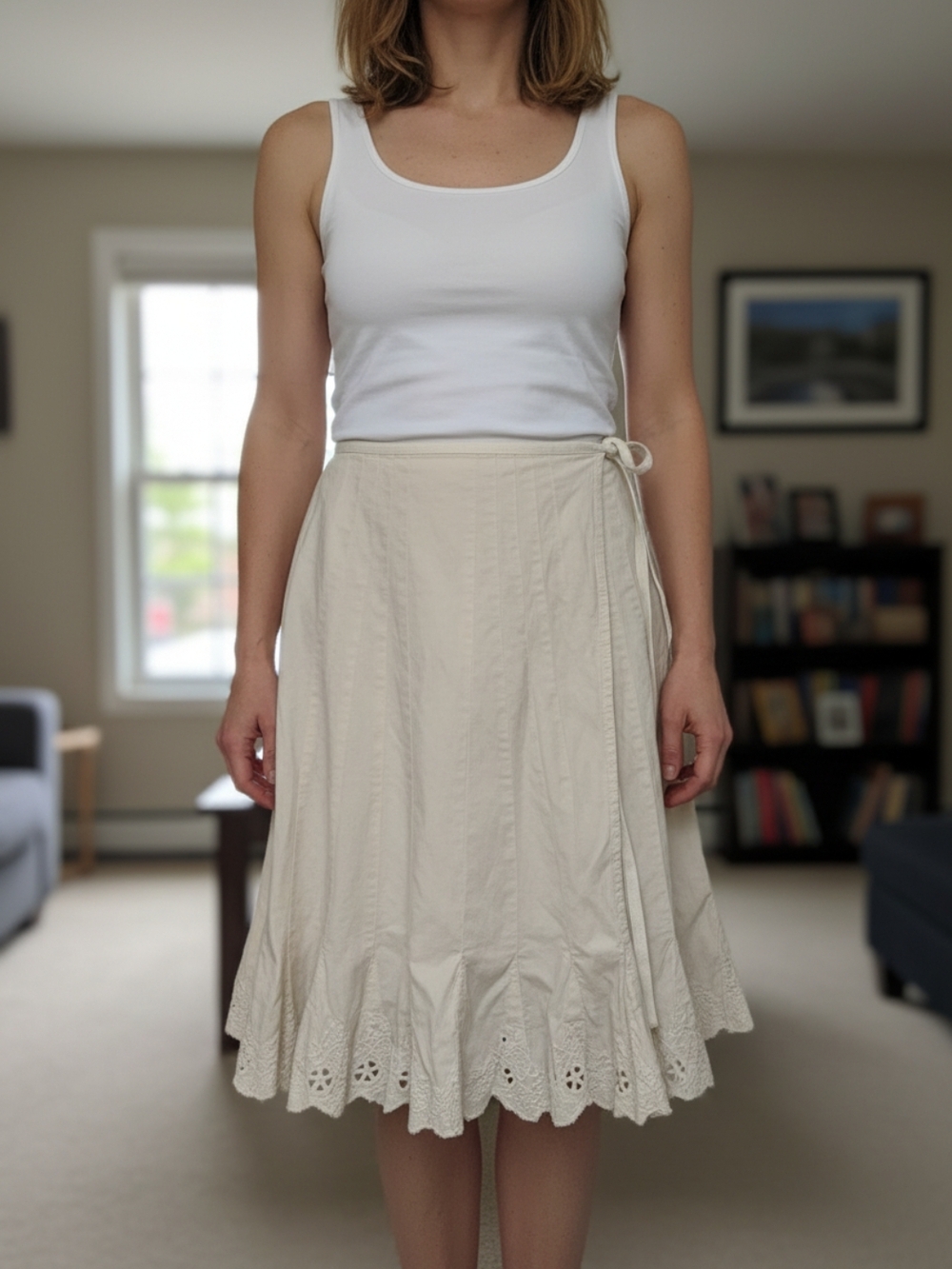 Cream Eyelet-Trim Wrap A-Line Skirt